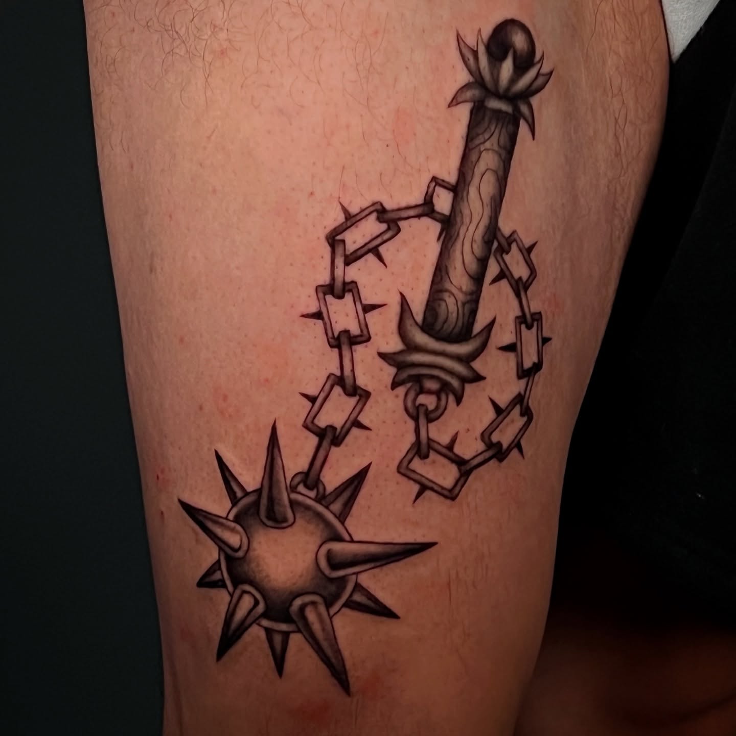 Anchor and spiked ball black and grey tattoo on the thigh by ☆ Kelly ☆