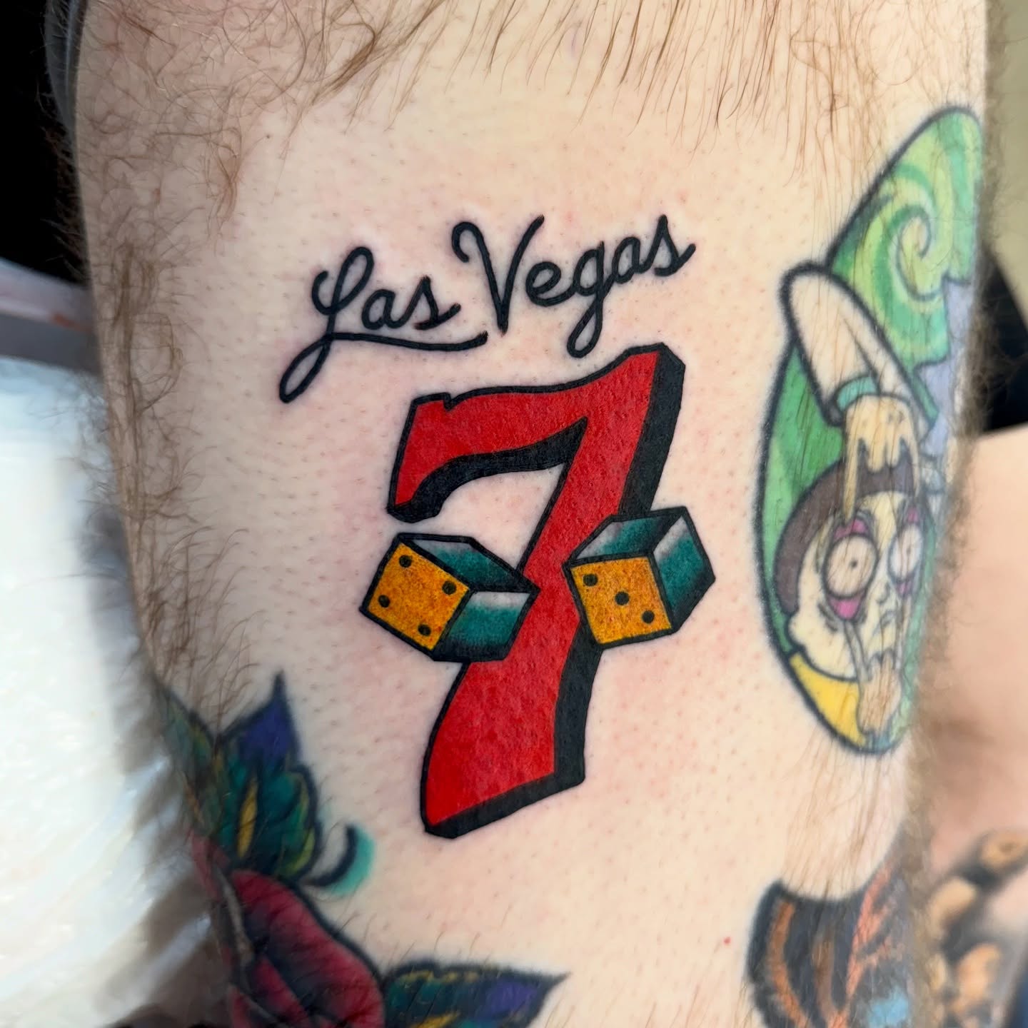 Las Vegas 7 American traditional tattoo on the forearm by Buddy (Holiday) Orr, Las Vegas, Nevada