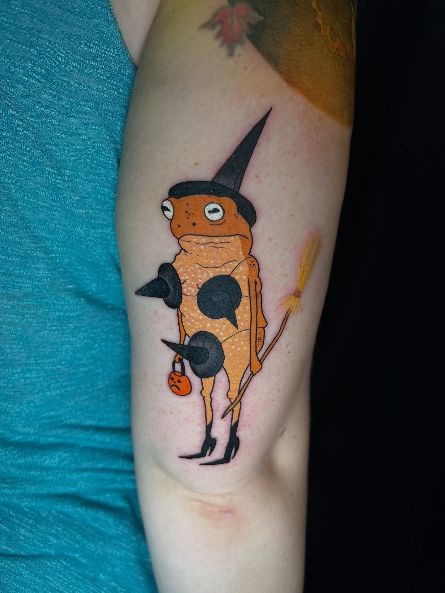 Frog witch dotwork tattoo on the forearm by Jess Watts