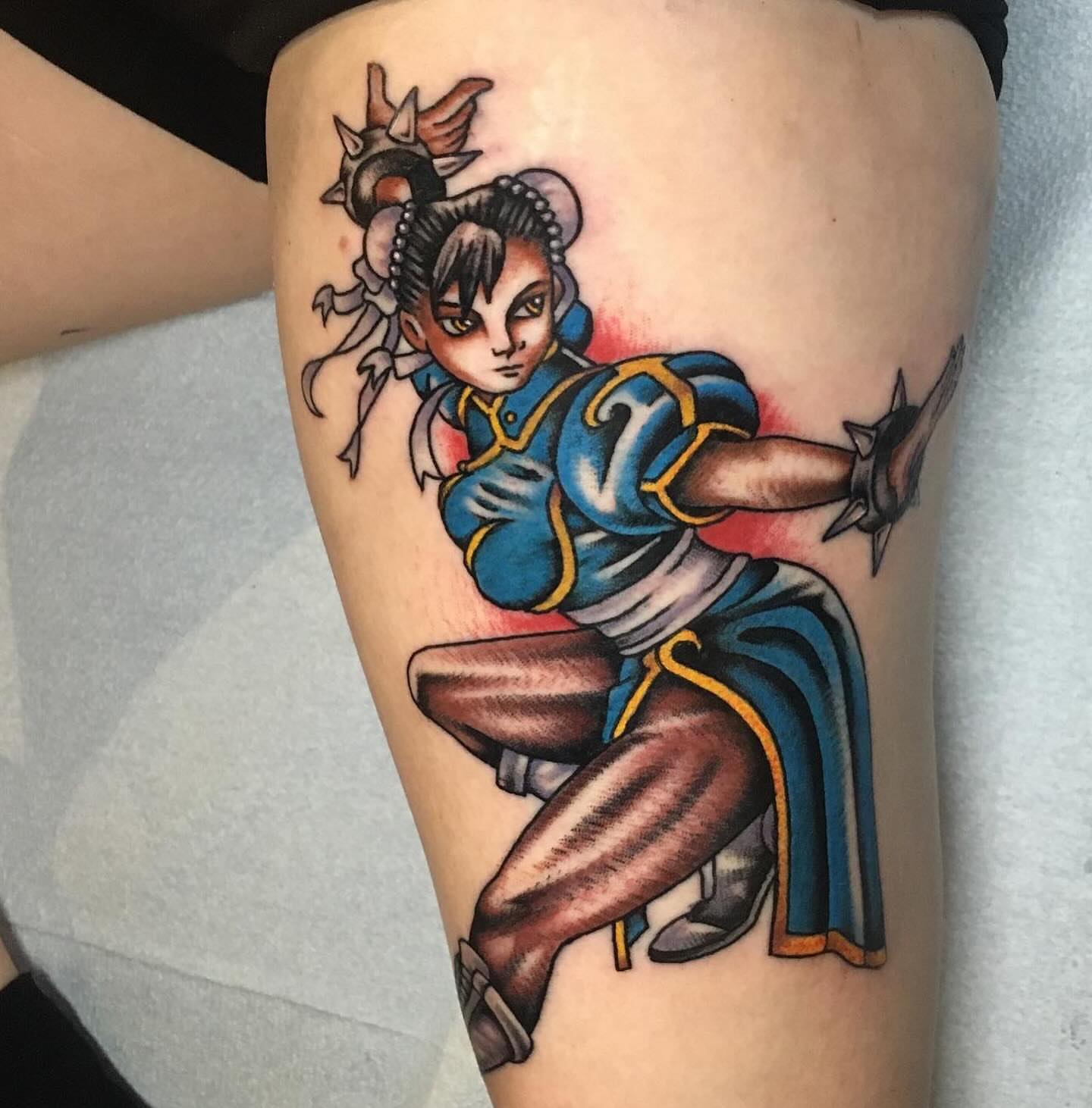 Street fighter character anime tattoo on the thigh by Matt E.