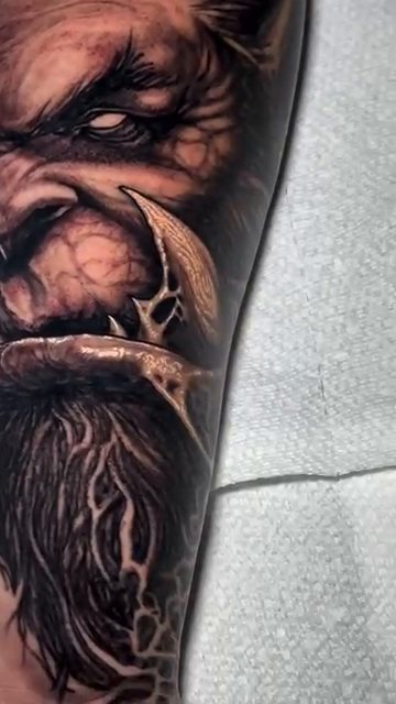 Orc portrait realism tattoo by Aaron Moonan🩸Tattoo Artist NY