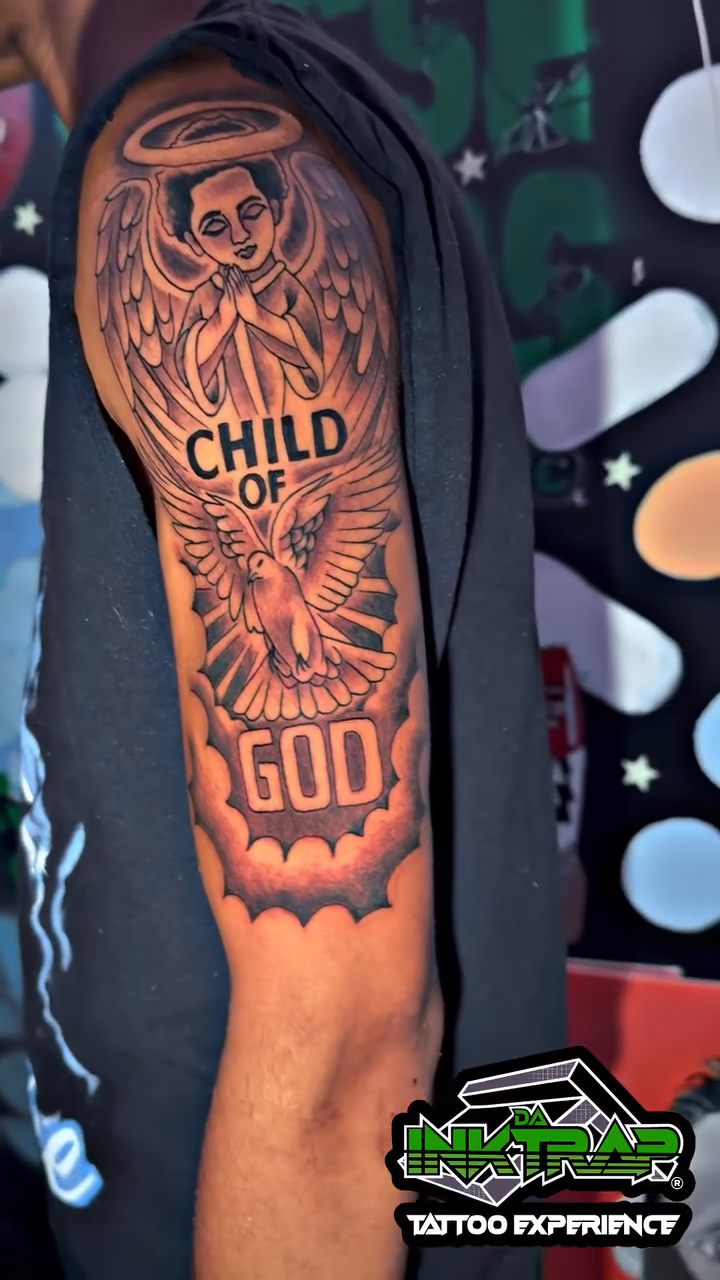 Angel with text realism tattoo by Atlanta Tattoo Artist βπ½