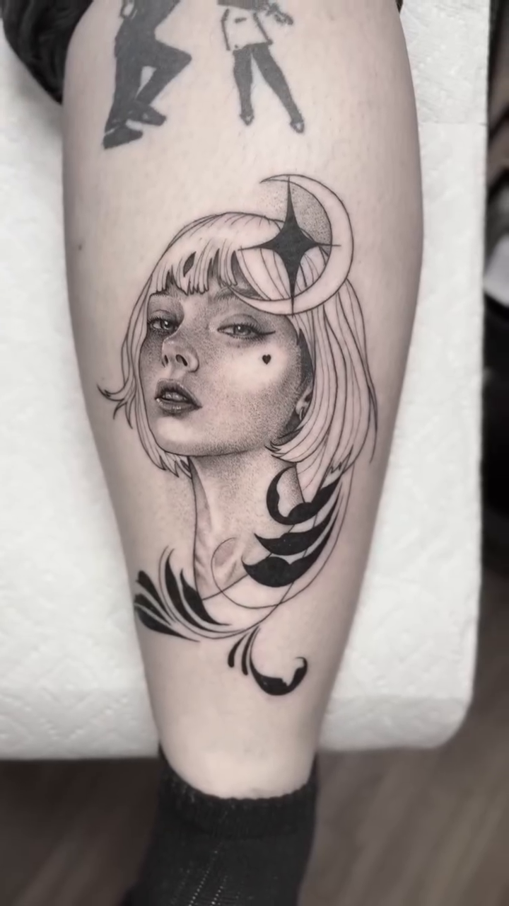 Woman's portrait with celestial elements fine line tattoo by Bryan