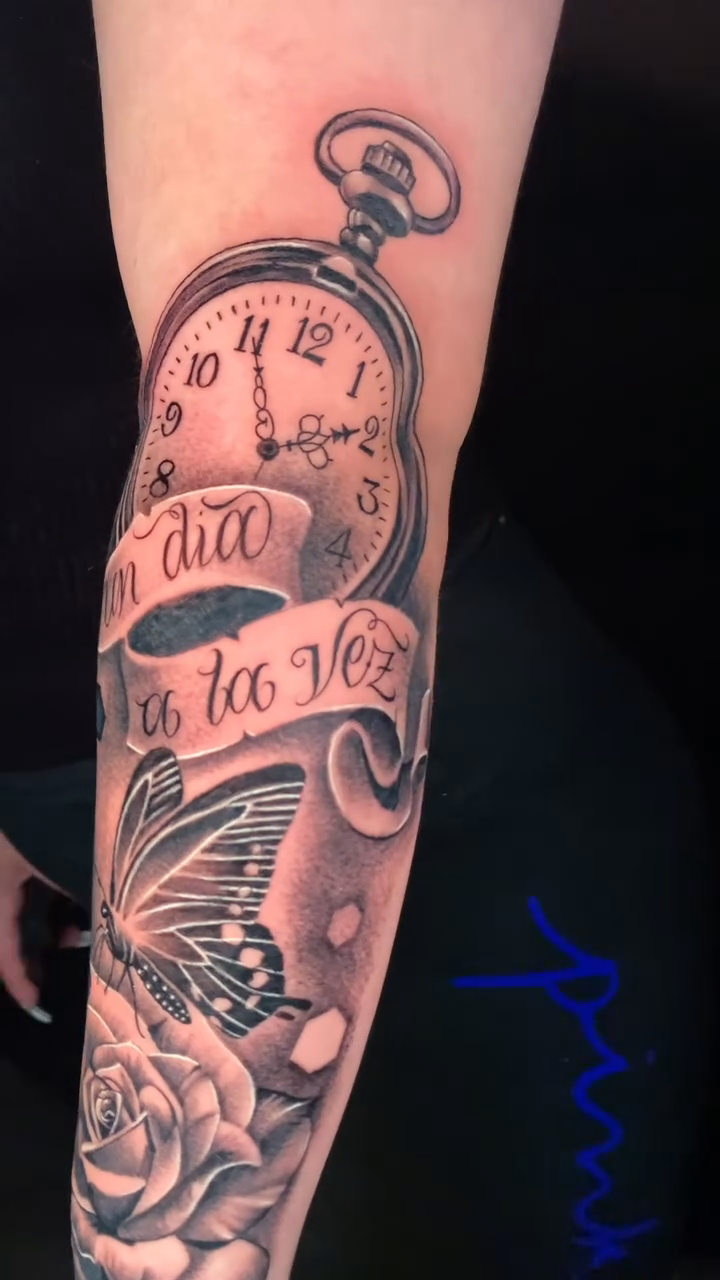 Pocket watch, rose, butterfly, banner realism tattoo by Luis VP