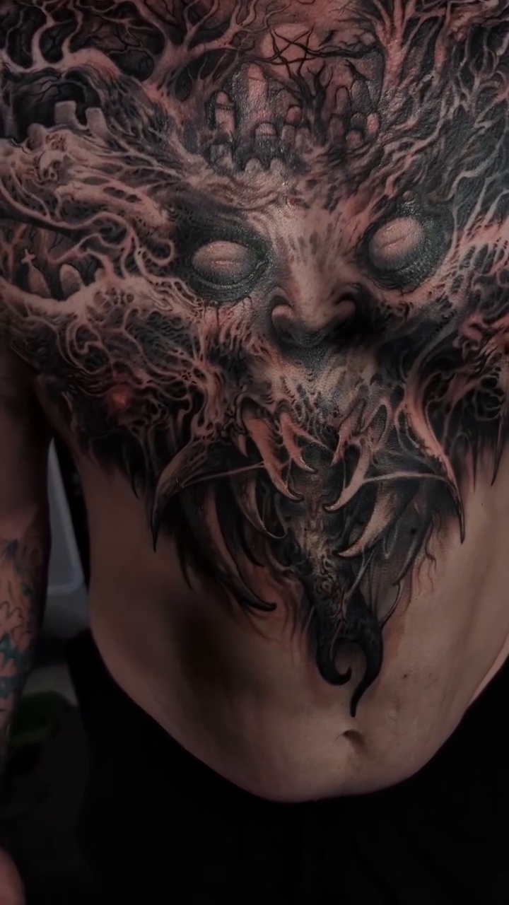 Demonic face with thorny branches dark realism tattoo by π΅ππππ π―πππππππ