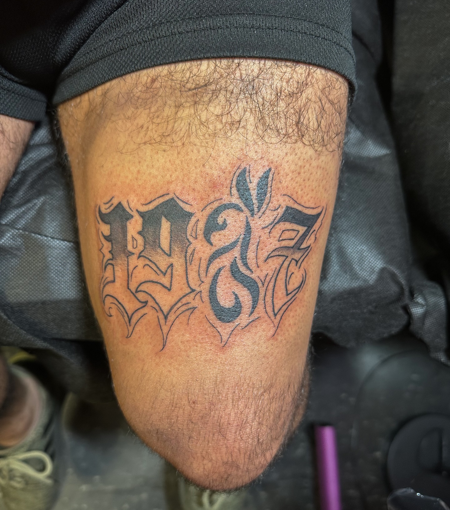 Lettering lettering script tattoo on the thigh by π·πππ, Cleveland, Ohio