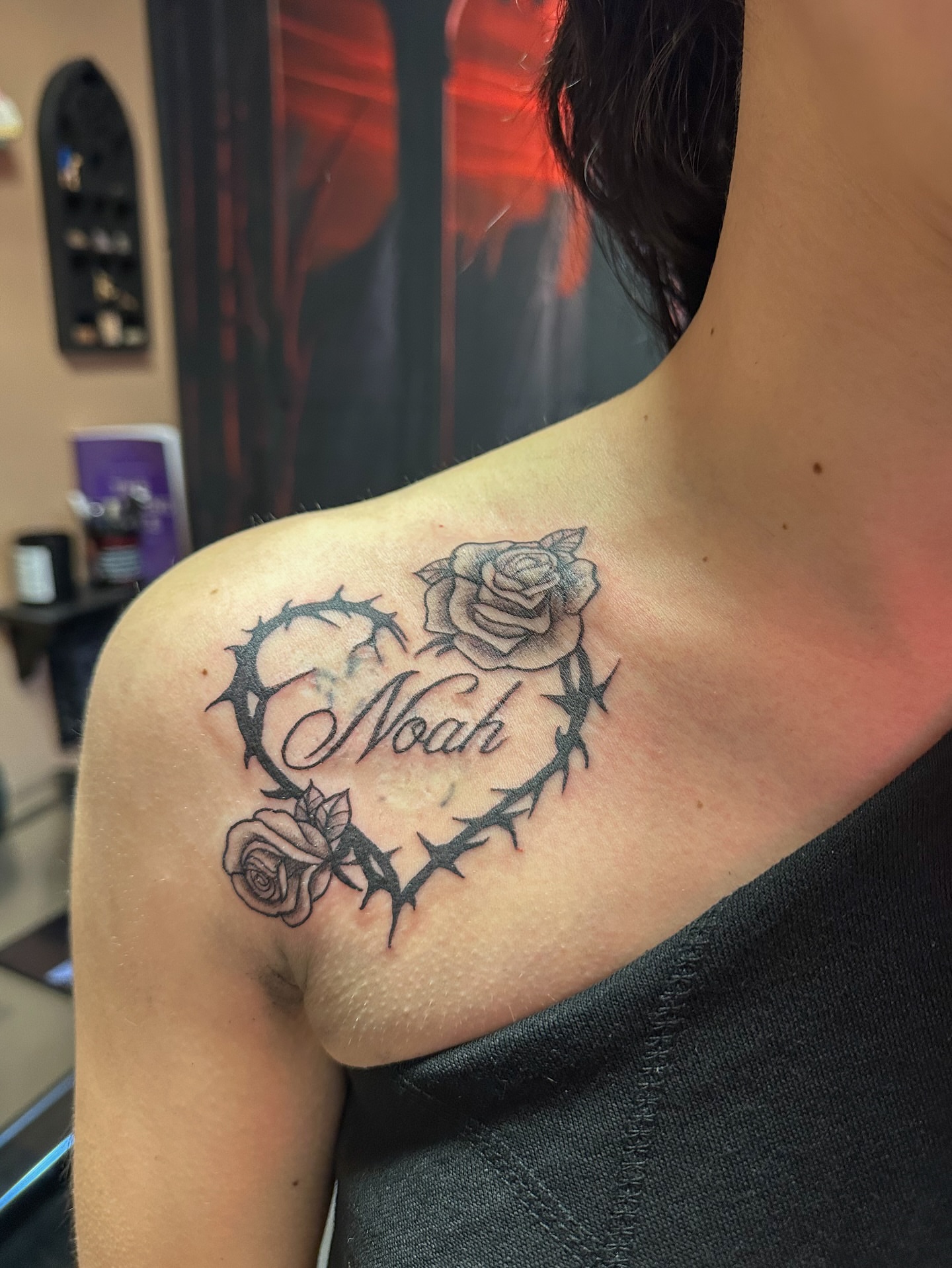 Crown and roses black and grey tattoo on the shoulder by π·πππ, Cleveland, Ohio