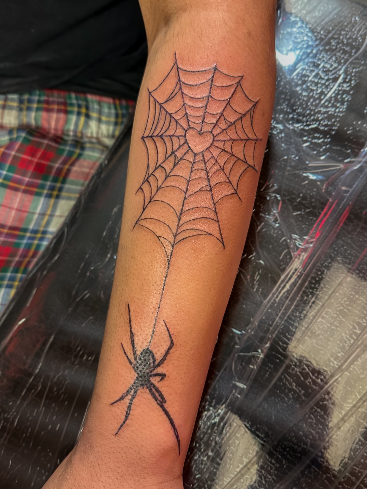 Spider web black and grey tattoo on the forearm by π·πππ, Cleveland, Ohio