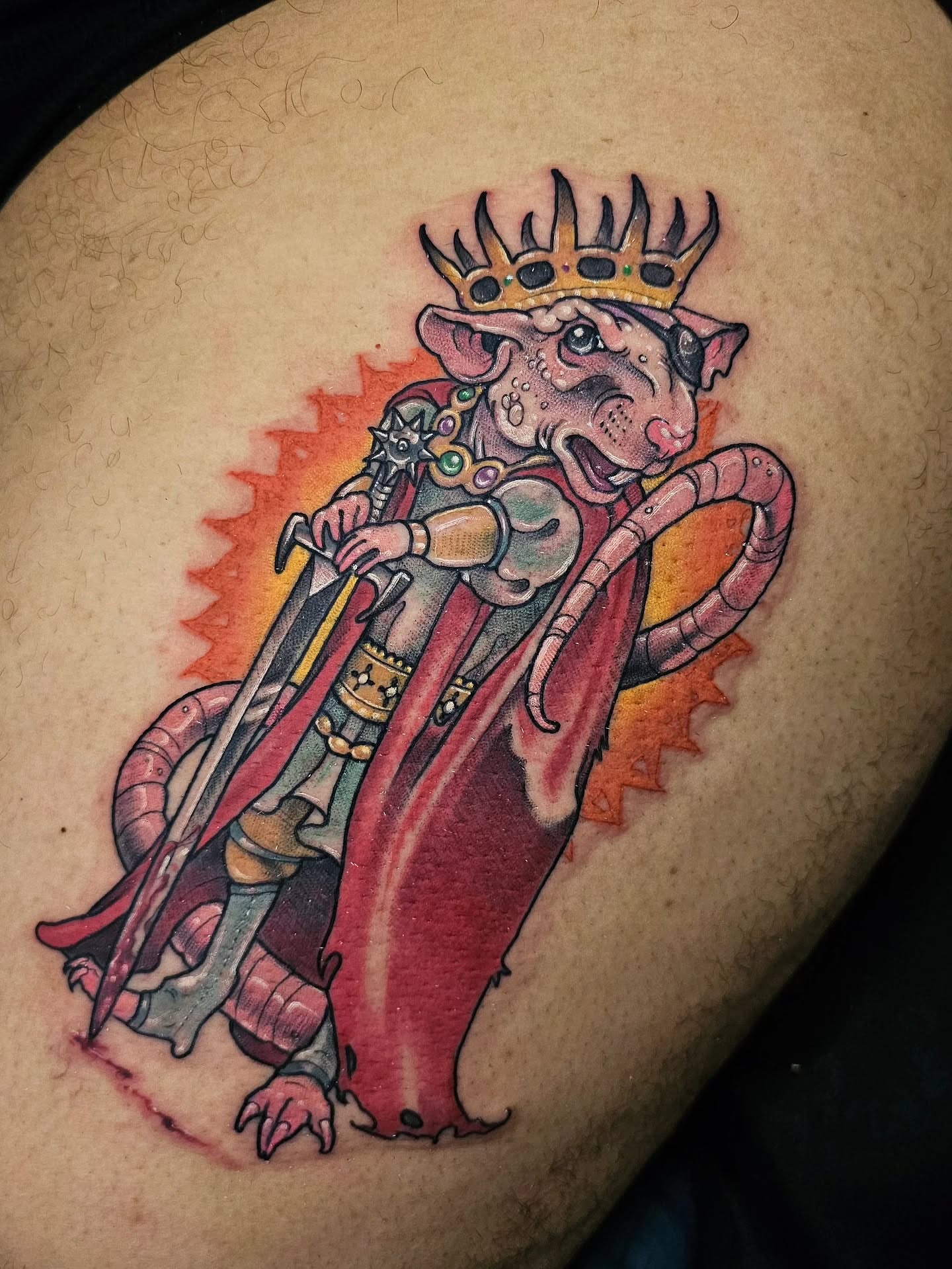 Panther warrior new school tattoo on the thigh by Shannon