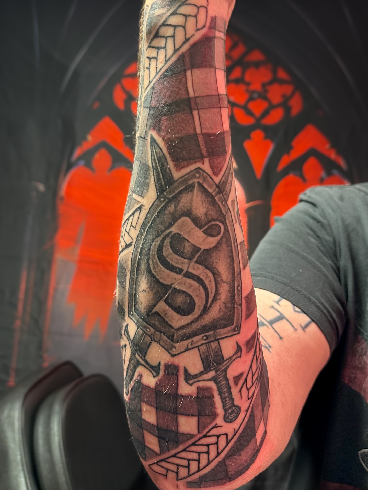 Shield with letter S realism tattoo on the forearm by π·πππ, Cleveland, Ohio