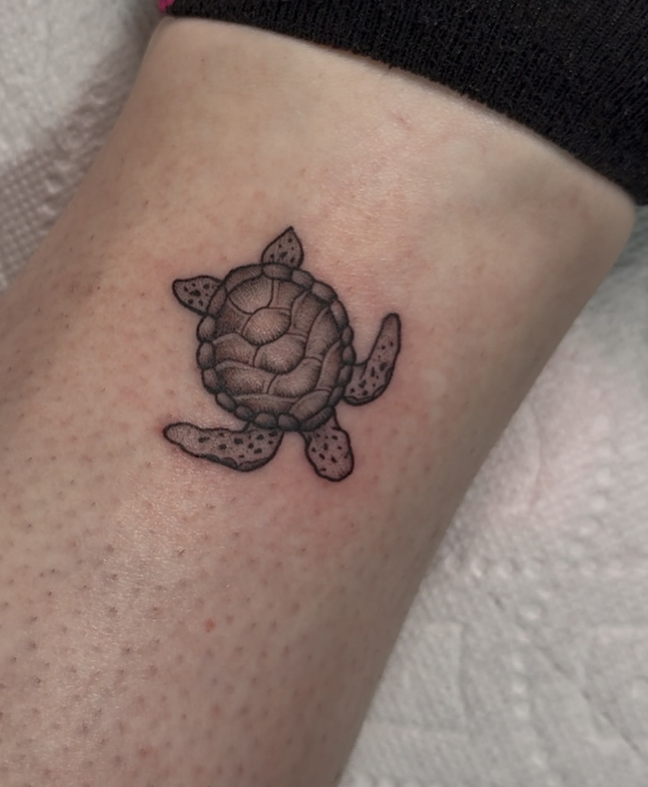Turtle black and grey tattoo on the forearm by Tattoo Artist