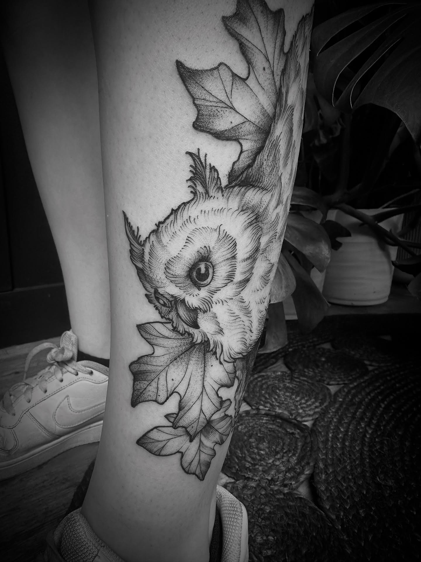 Owl dotwork tattoo on the forearm by Desireé Keys, Midvale, Utah