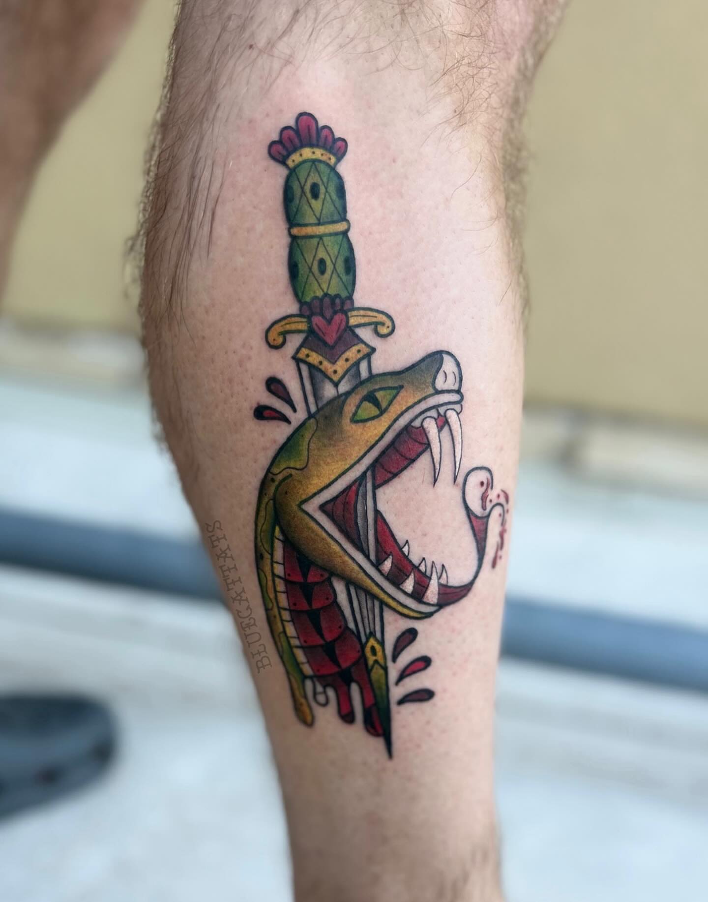 Snake and dagger American traditional tattoo on the forearm by ๐ Michelle ๐