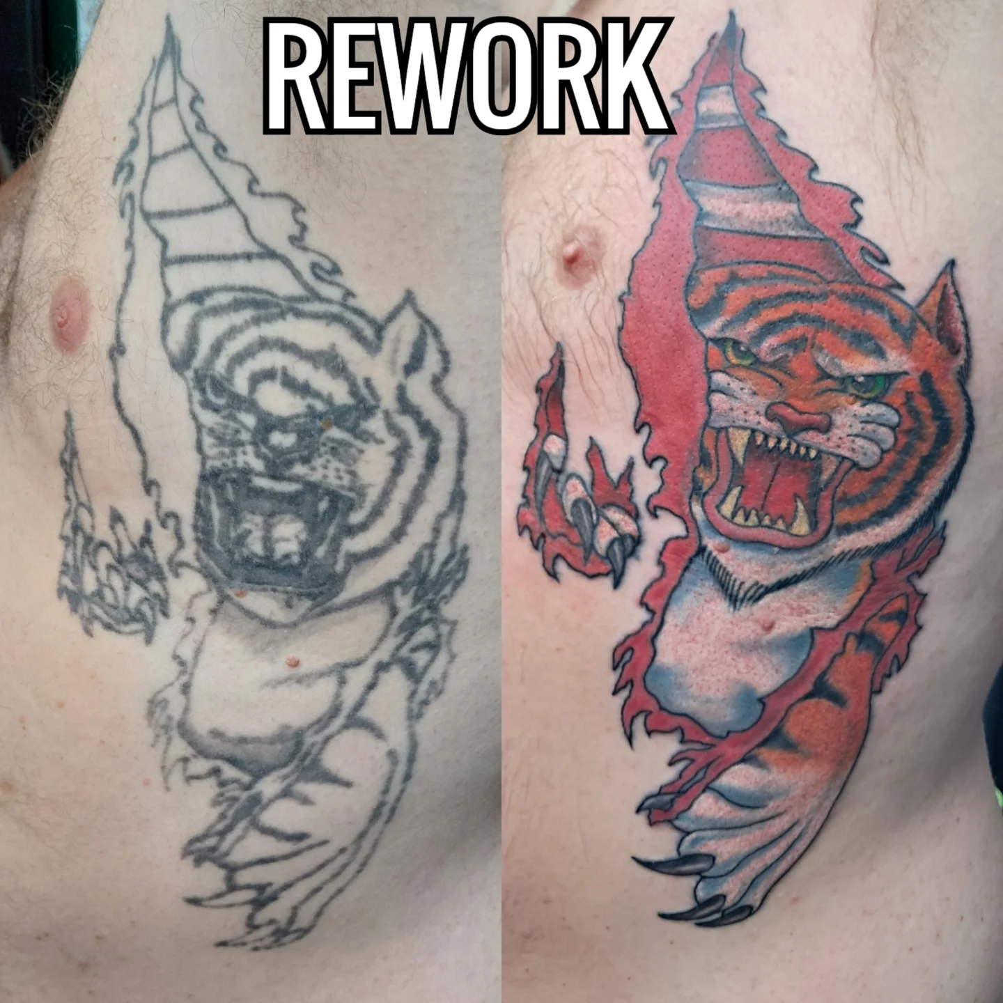 Tiger American traditional tattoo on the thigh by Reb Fularz