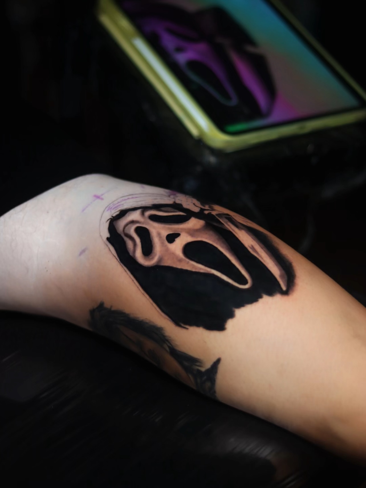 Mask black and grey tattoo on the forearm by Melissa C, Phoenix, Arizona