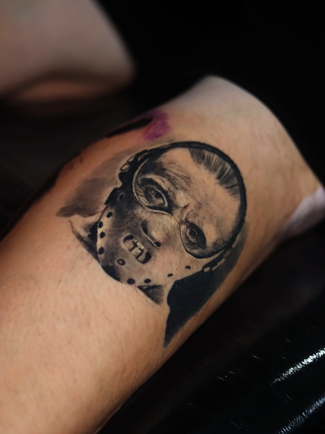 Mask black and grey tattoo on the forearm by Melissa C, Phoenix, Arizona