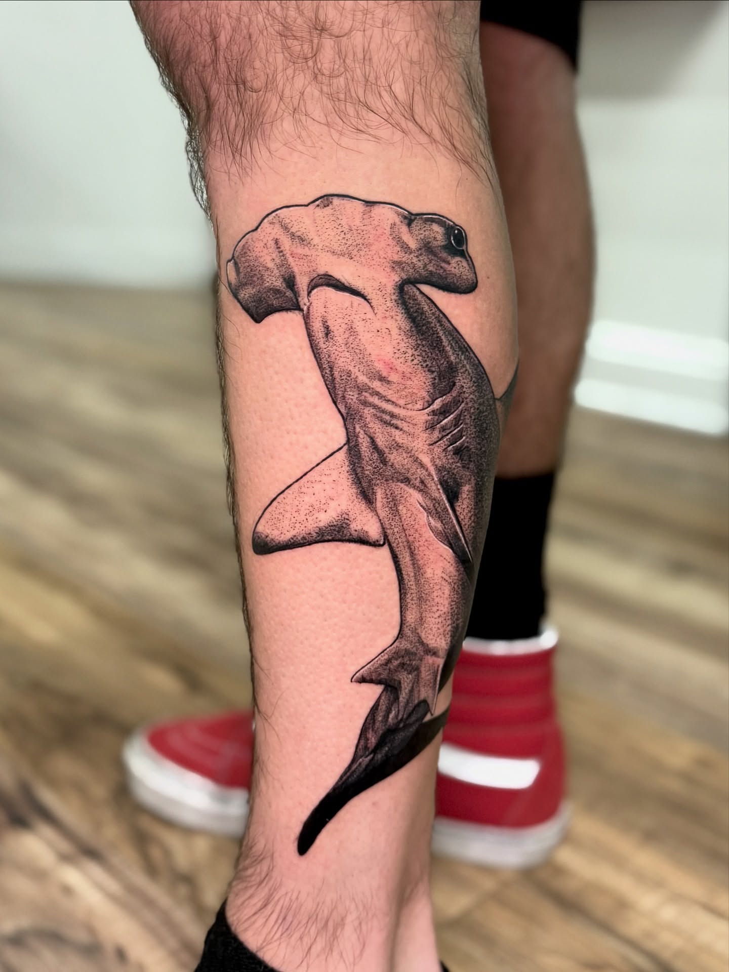 Hammerhead shark dotwork tattoo on the forearm by Kody Miller Tattoos 📍Kansas City MO Tattoo, Kansas City, Missouri