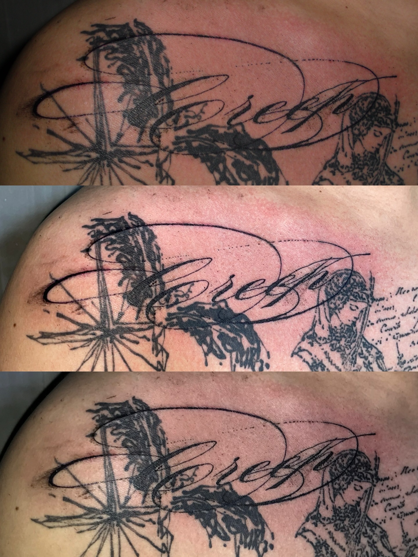 Cross and script black and grey tattoo on the shoulder by eyeball