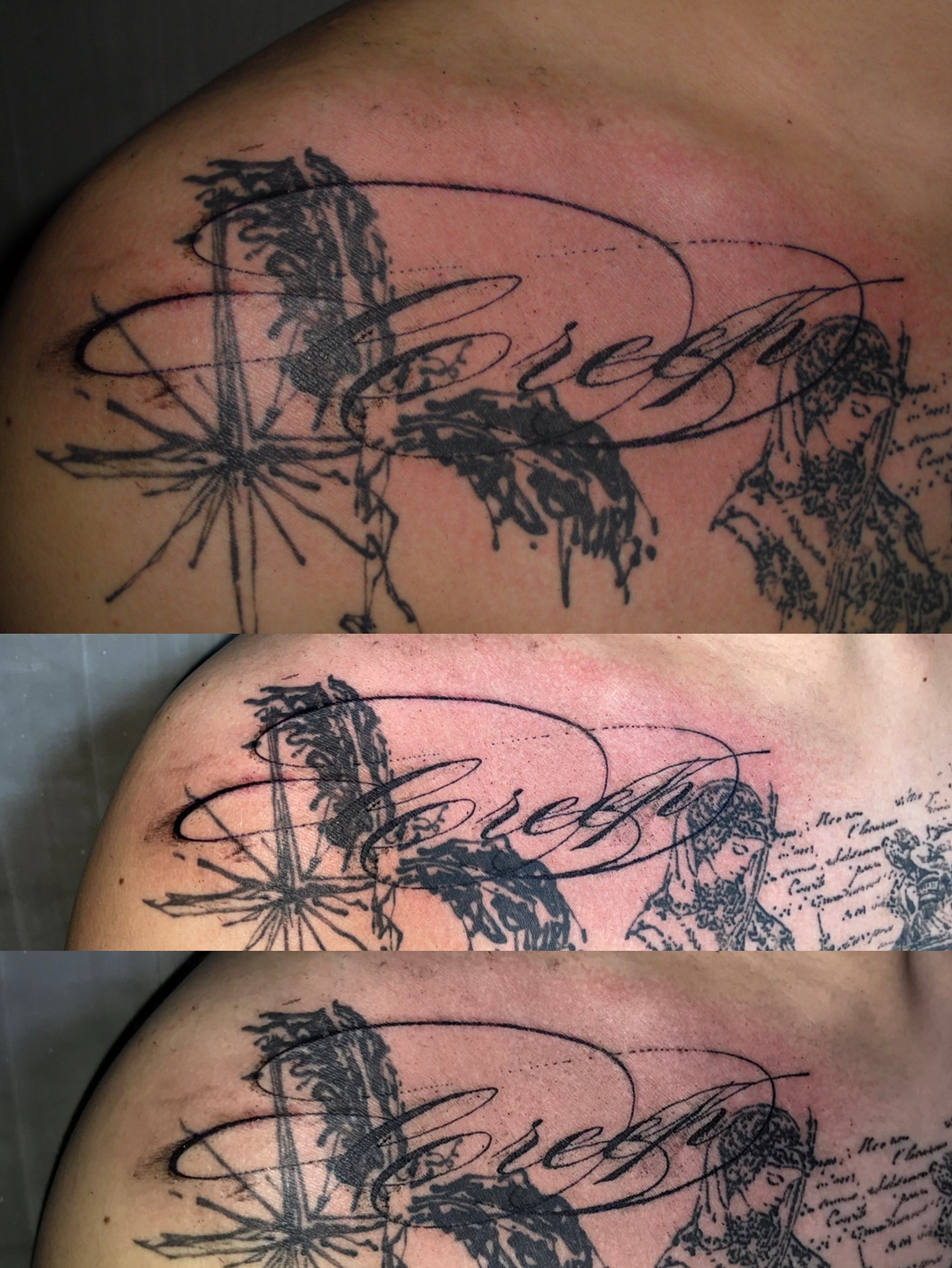Creep lettering script tattoo on the shoulder by eyeball