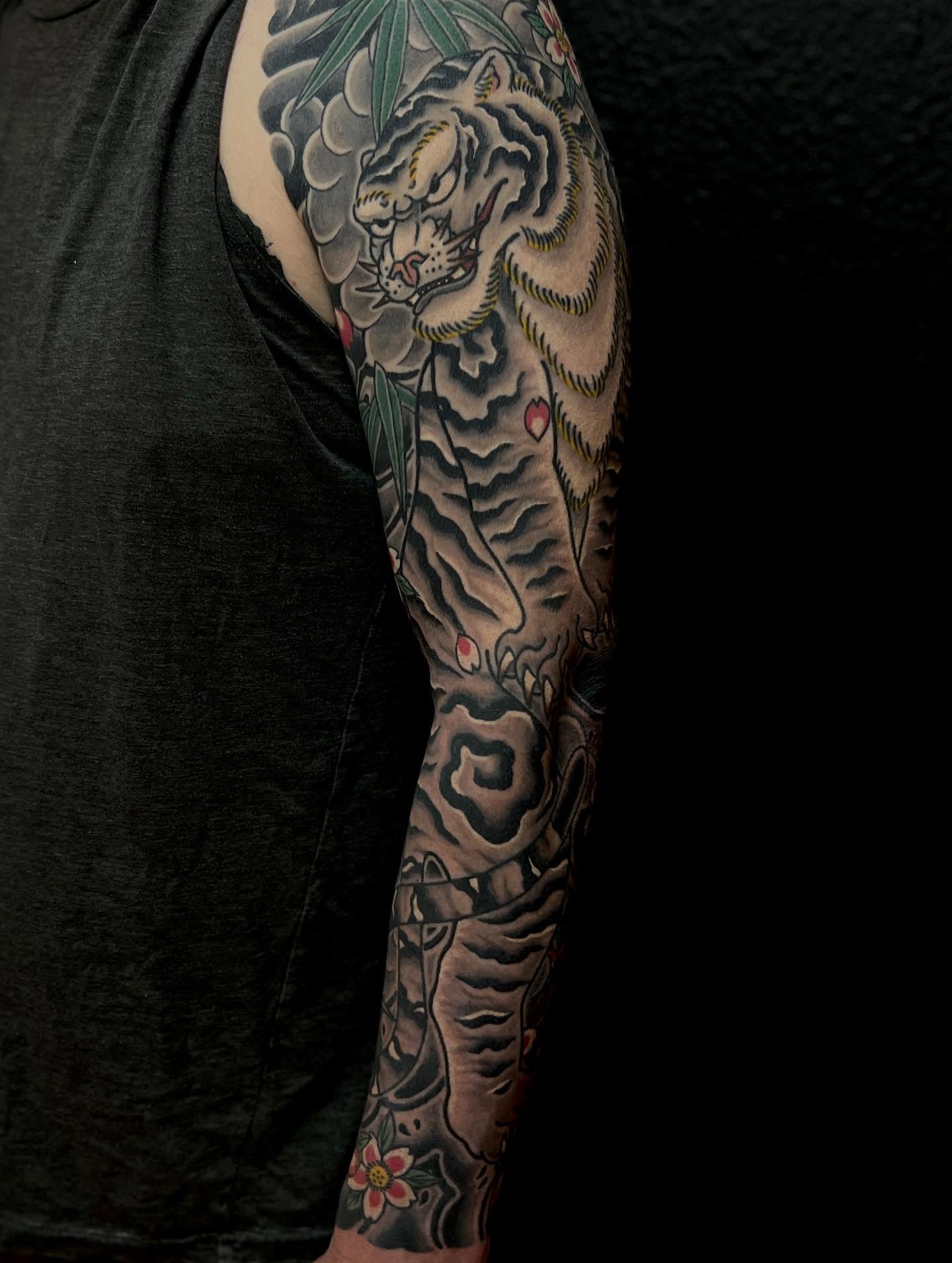 Tiger japanese irezumi tattoo on the forearm by Rocky Burley, Georgetown, Texas