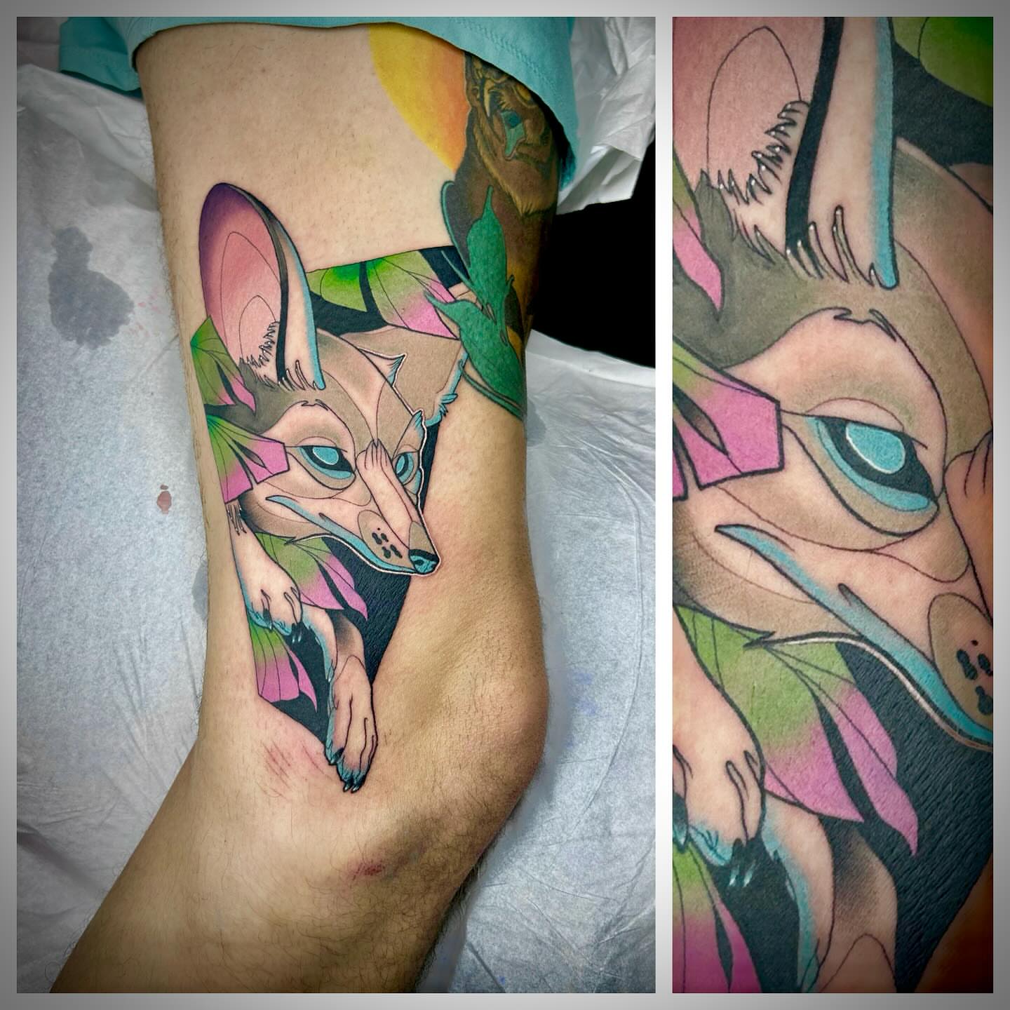 Fox new school tattoo on the leg by Steve Hooker
