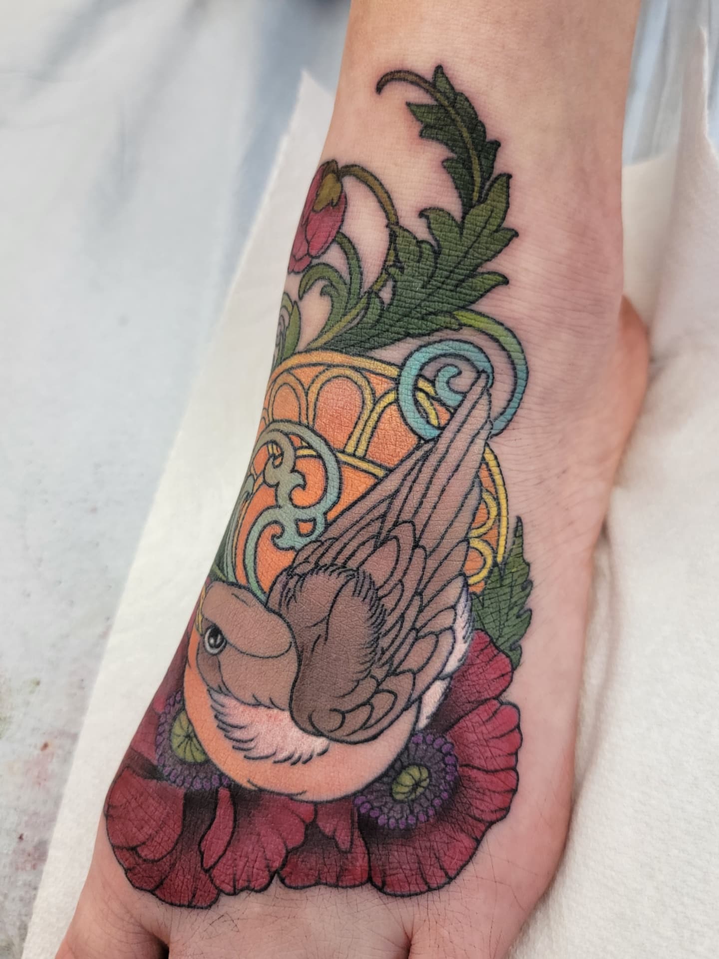 Bird and floral arrangement new school tattoo on the foot by Chantel Chan, Portland, Oregon