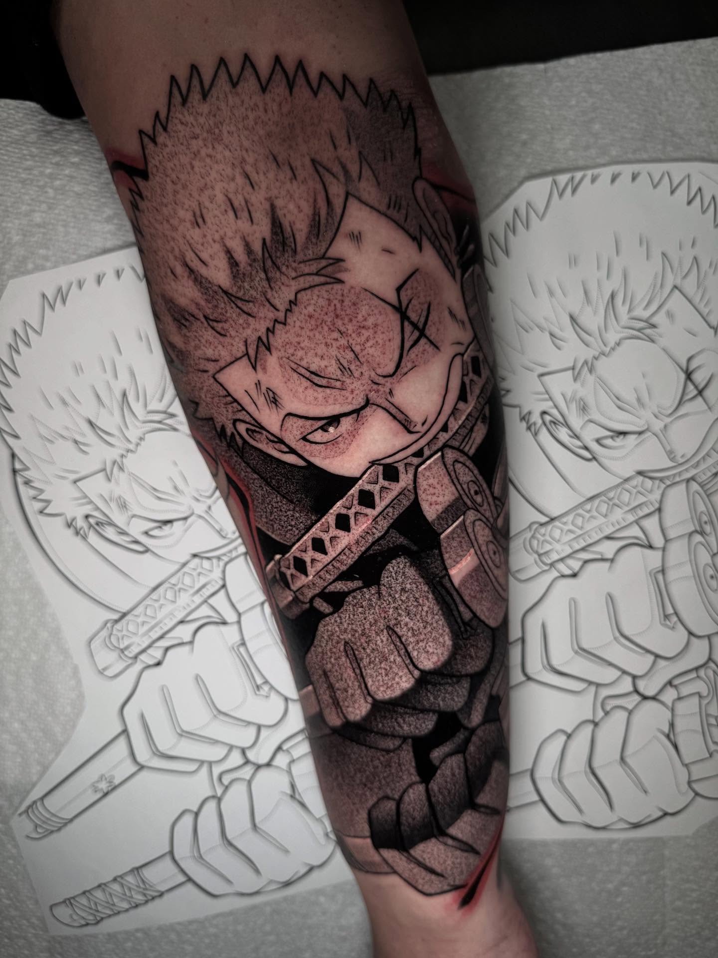 Anime character dotwork tattoo on the forearm by Anthony D. Rustik