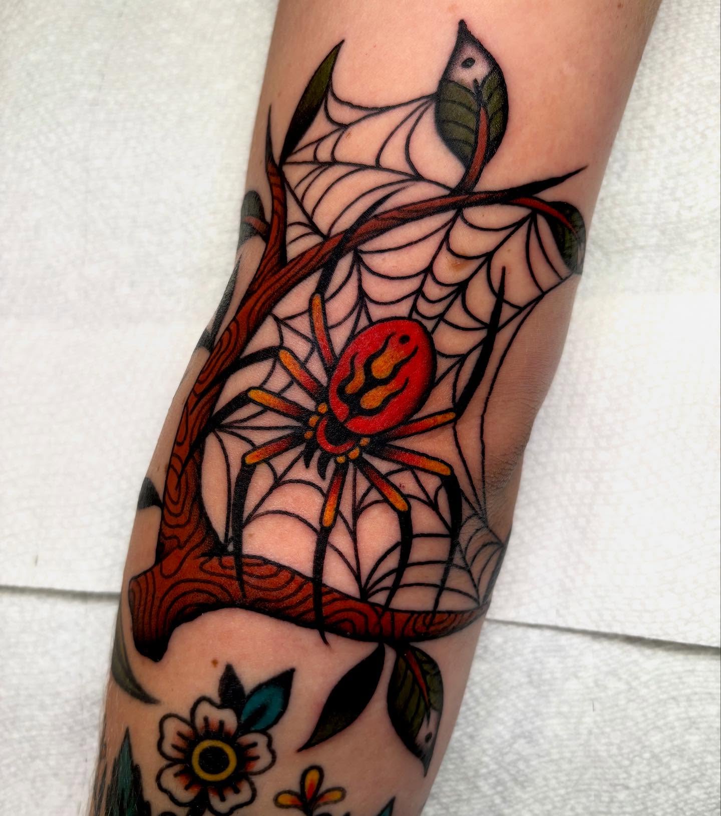 Spider web American traditional tattoo on the forearm by sally ★ lee