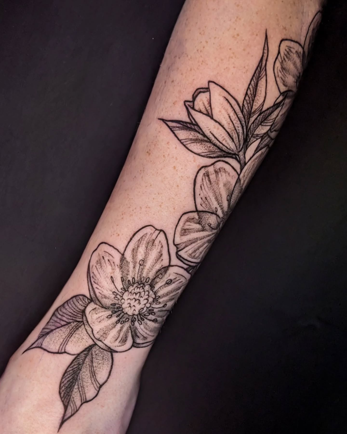 Flower dotwork tattoo on the forearm by robin ✨ portland tattoo artist