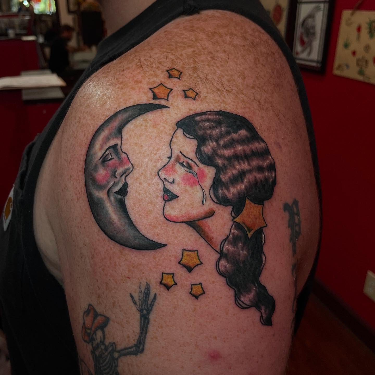 Moon and woman American traditional tattoo on the shoulder by Chrissy Ungrew Tattoos, Covington, Kentucky