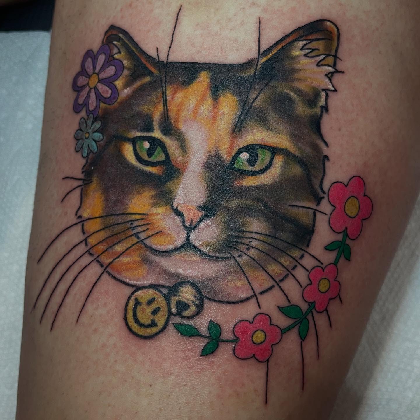 Cat realism tattoo on the thigh by Chrissy Ungrew Tattoos, Covington, Kentucky