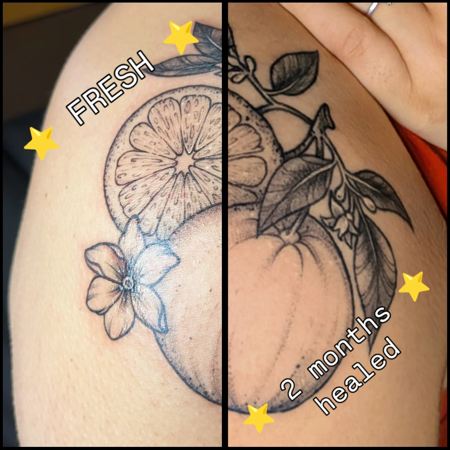 Orange slice and flowers black and grey tattoo on the shoulder by Shannon