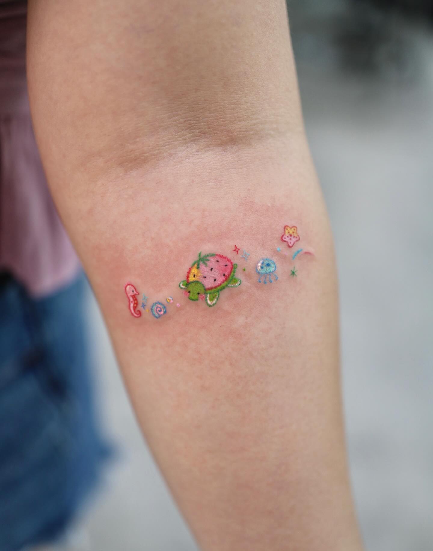 Watermelon turtle dotwork tattoo on the forearm by Kettle🤍케틀