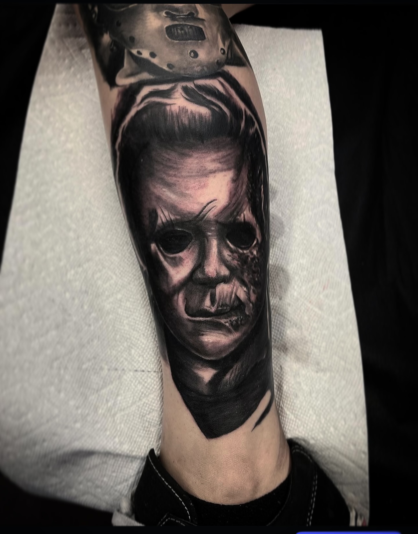 Michael Myers mask realism tattoo on the forearm by ♟️SouthEastLA♟️