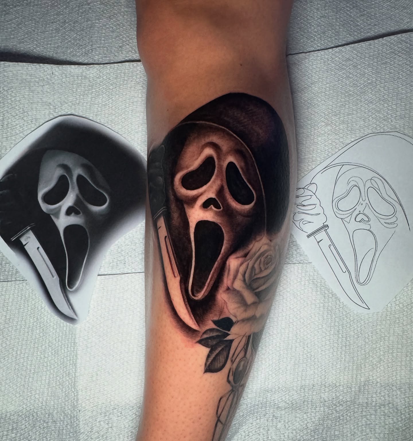 Scream mask realism tattoo on the forearm by North County Sd