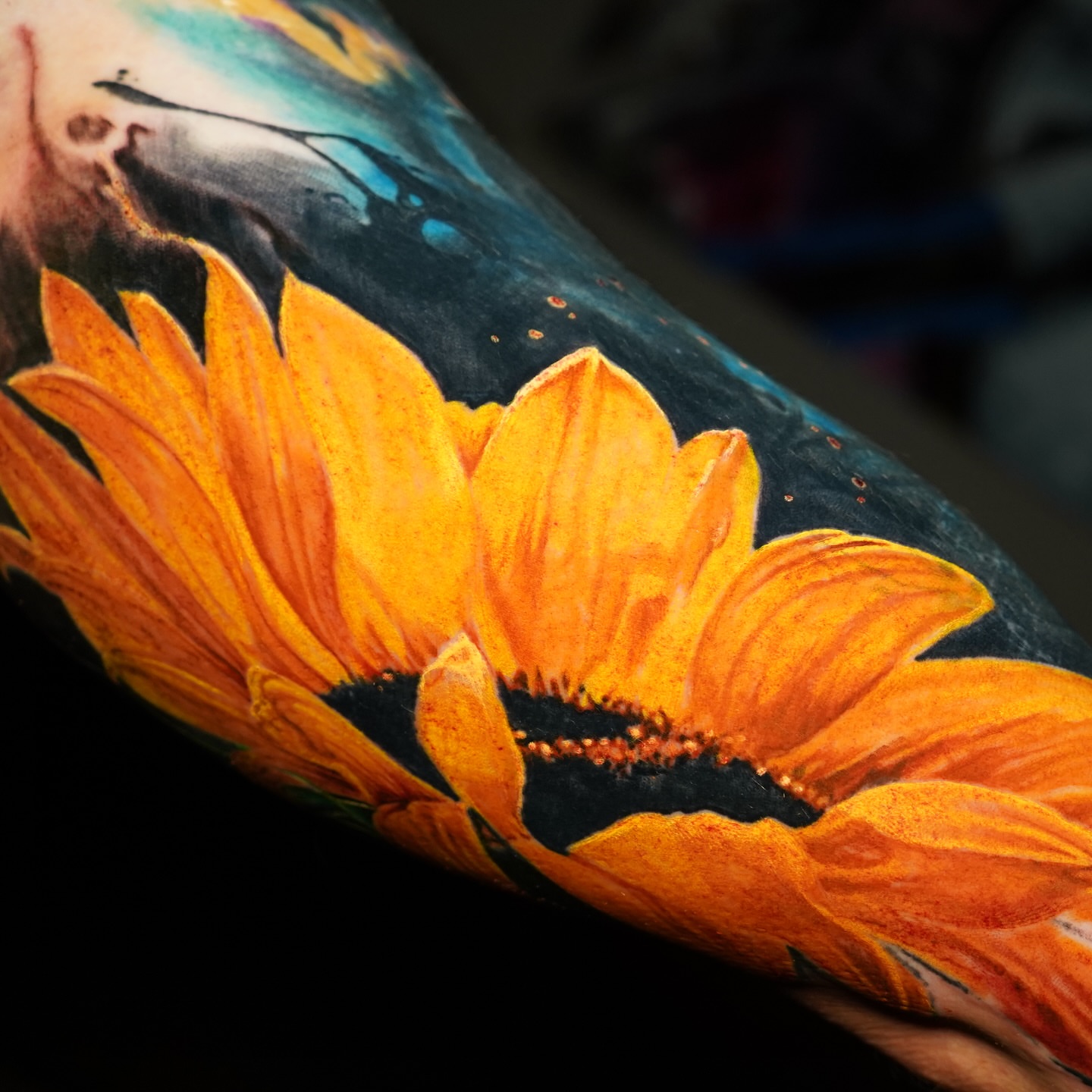 Sunflower realism tattoo on the forearm by Darl Gnau