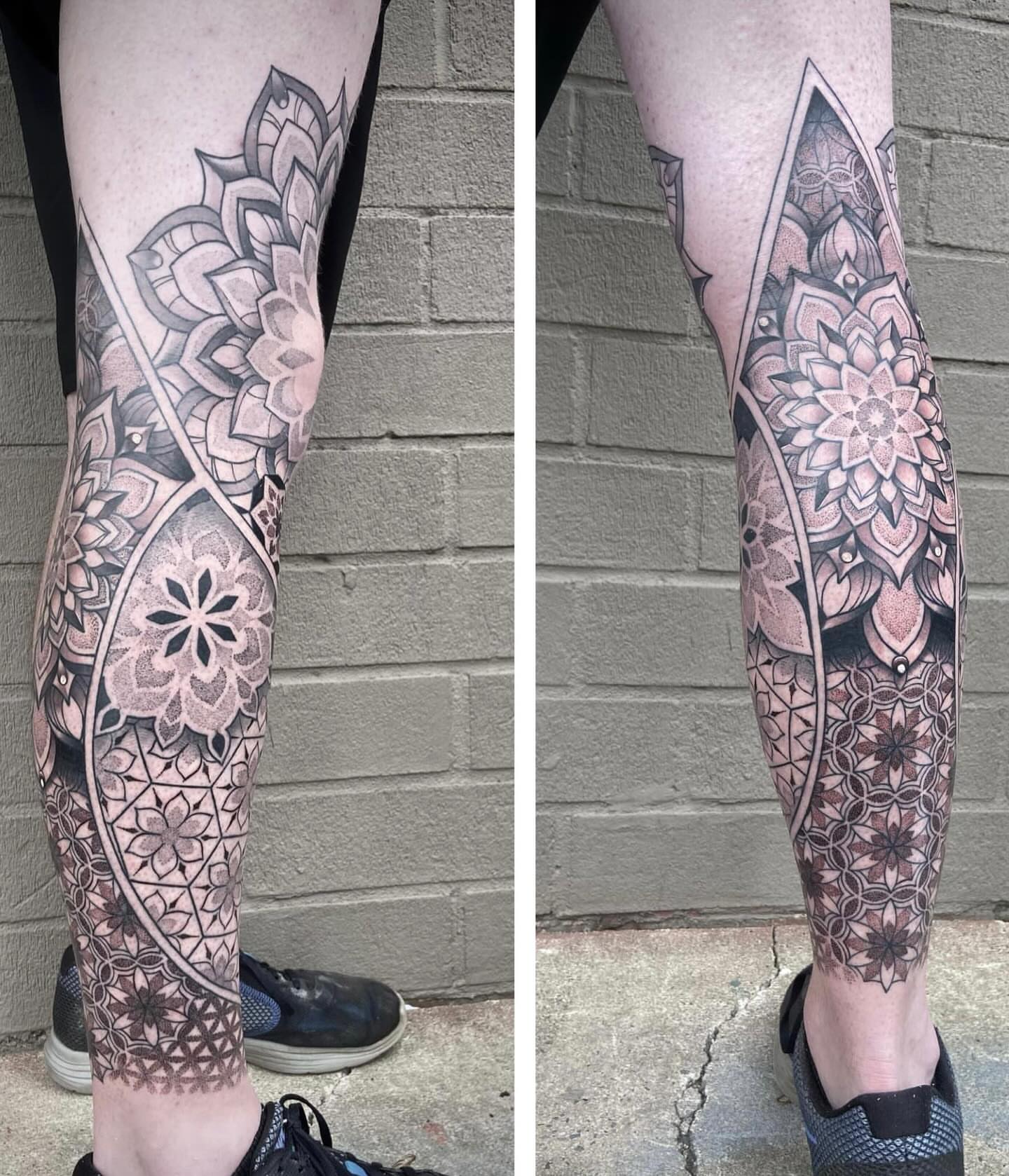 Mandala geometric tattoo on the calf by Zac Byrd