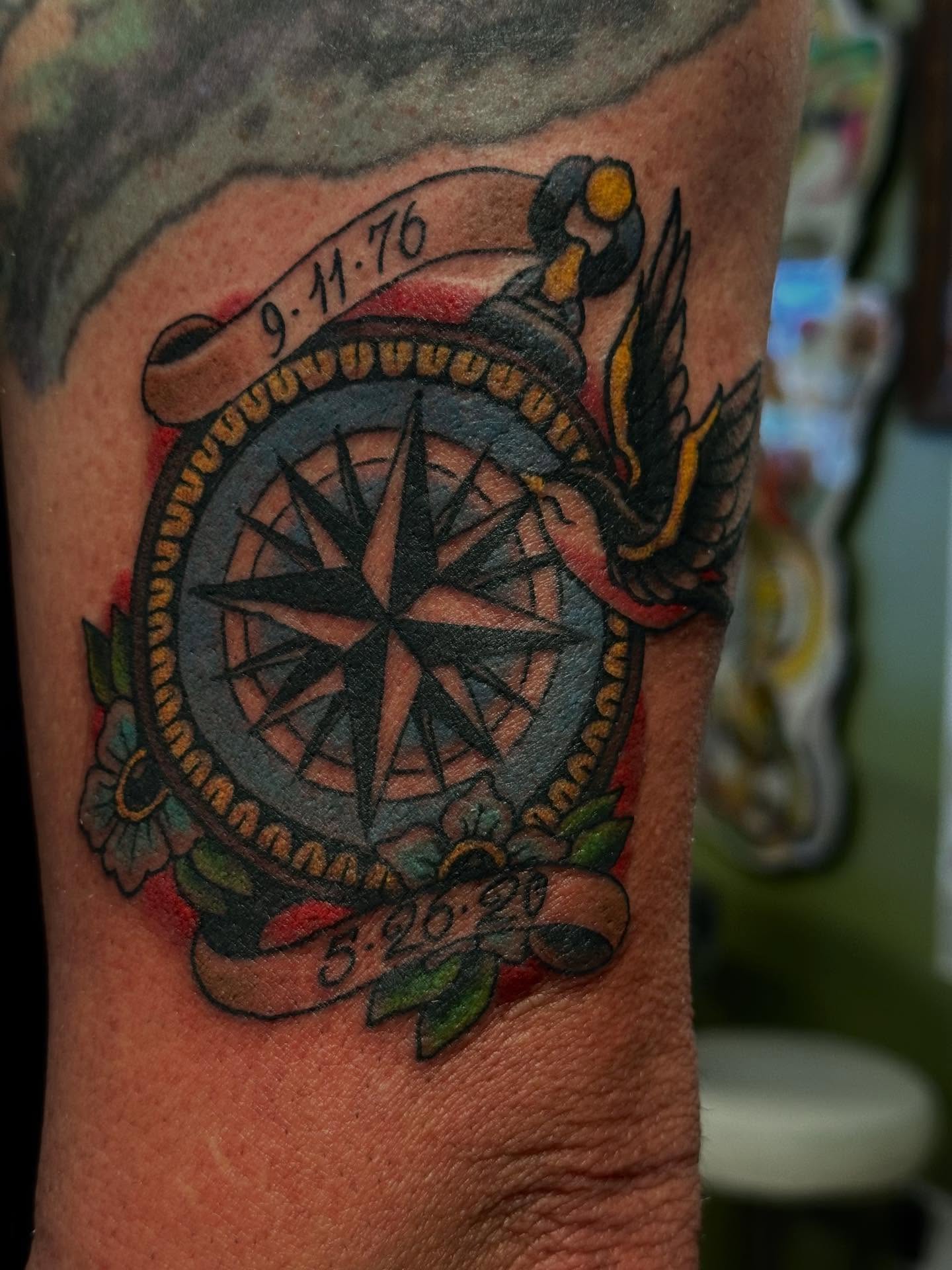 Compass American traditional tattoo on the forearm by Jordan Rubin, Dunedin, Florida