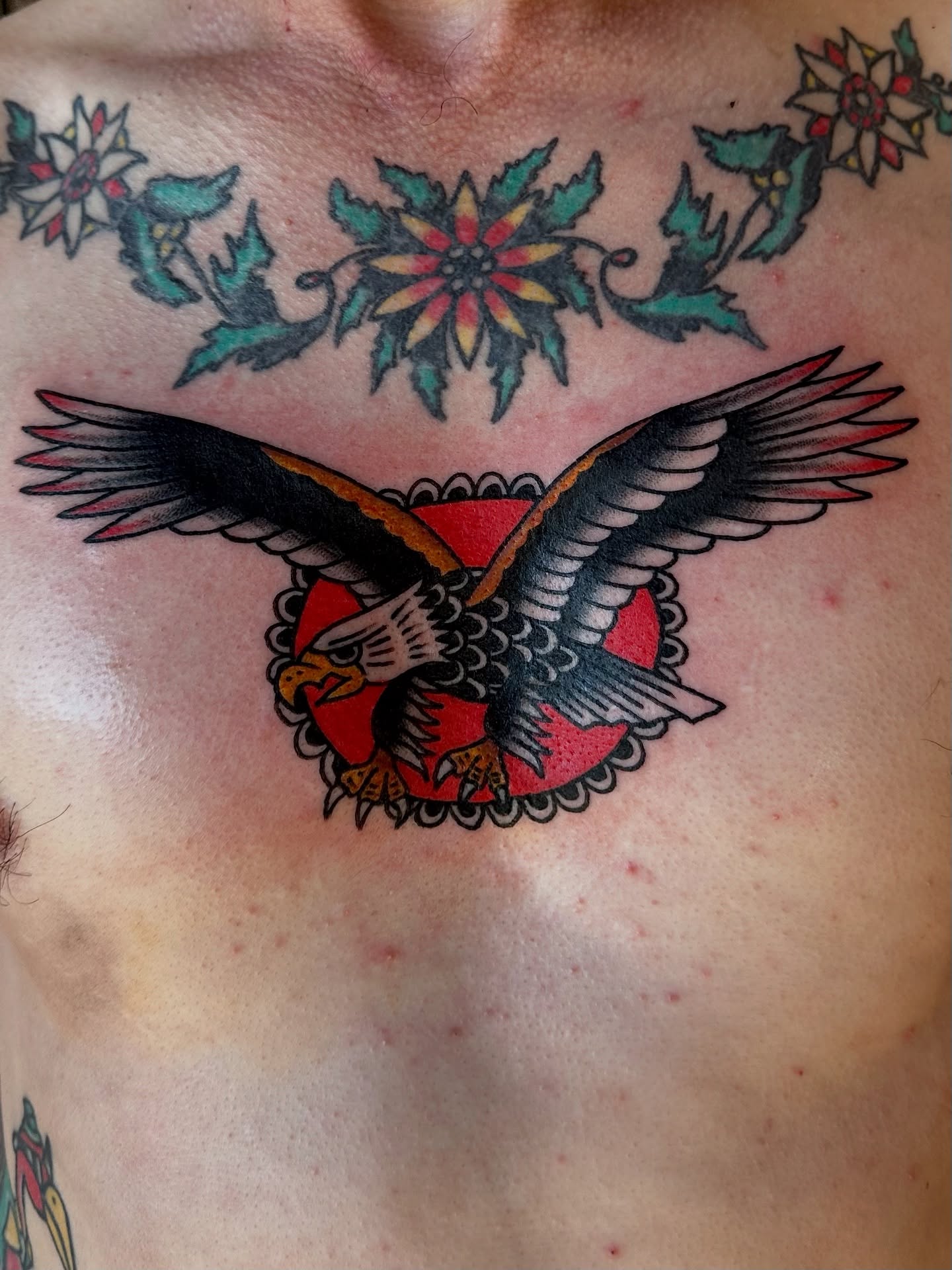 Eagle American traditional tattoo on the chest by Steven