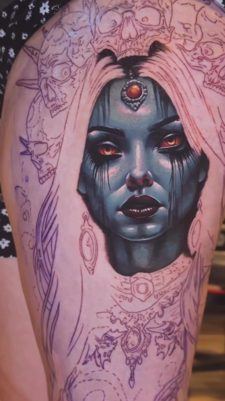 Woman's face dark realism tattoo by Bailey Hancock