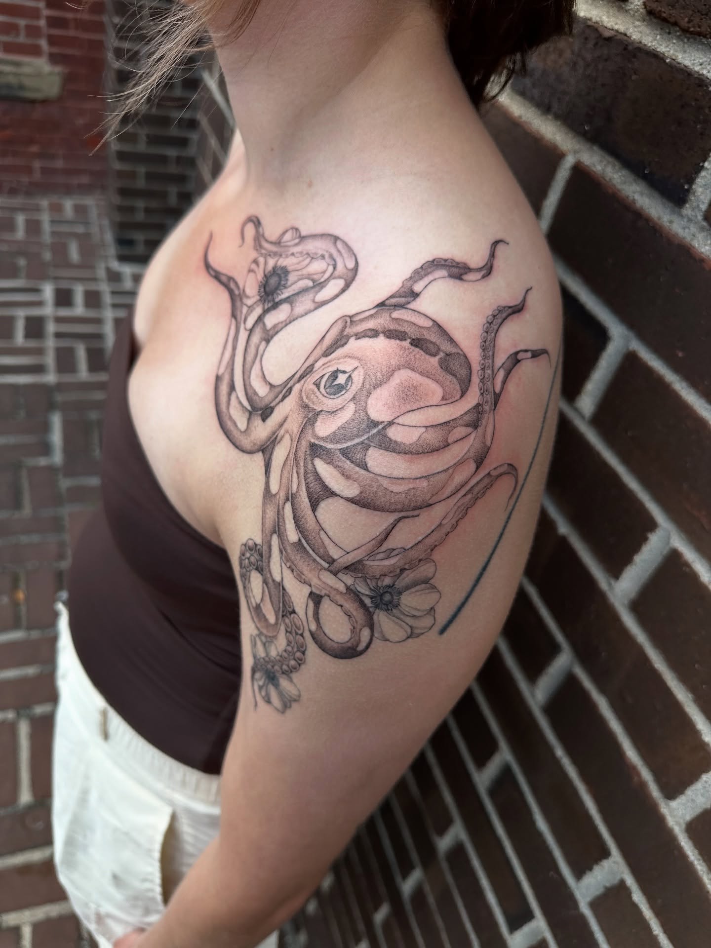 Octopus black and grey tattoo on the shoulder by Hail Chaney, Somerville, Massachusetts
