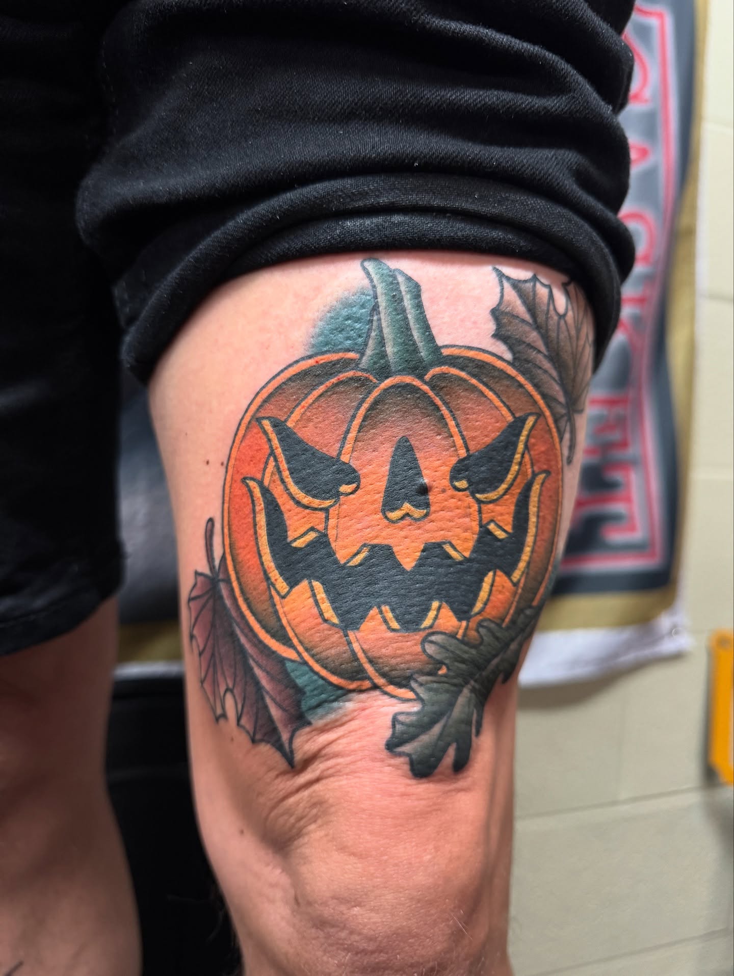 Pumpkin American traditional tattoo on the thigh by Casket