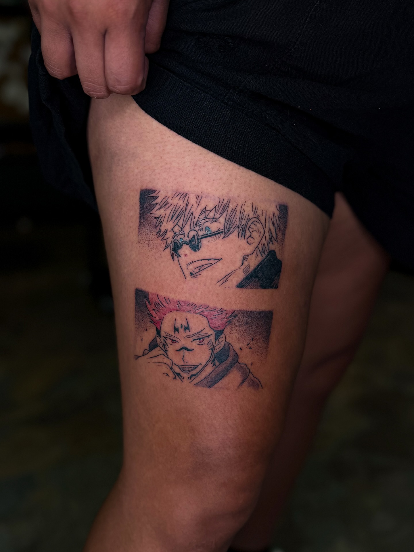 Anime character anime tattoo on the thigh by Yohana Vargas