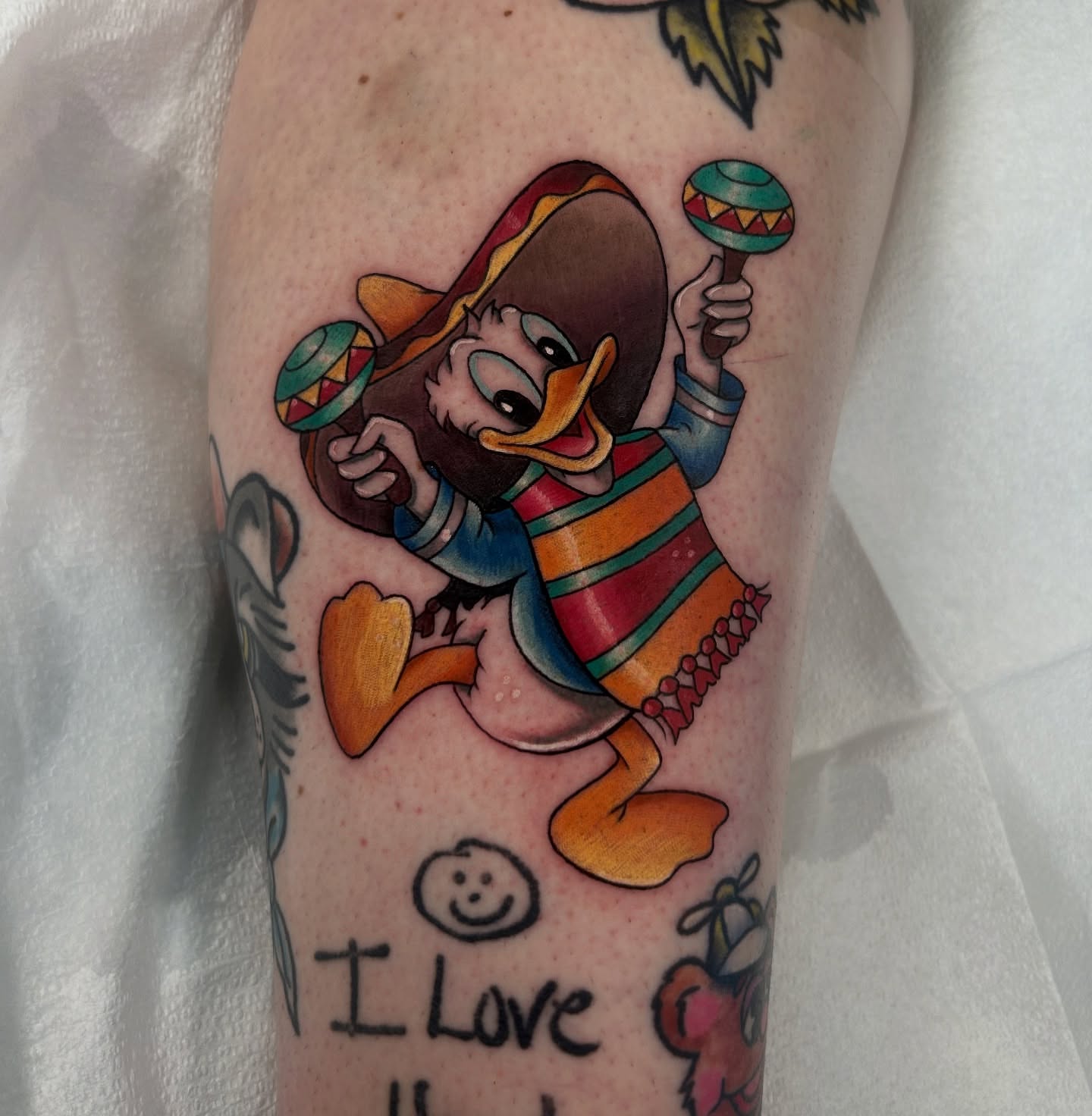 Donald Duck new school tattoo on the forearm by Kim Goff - Special K