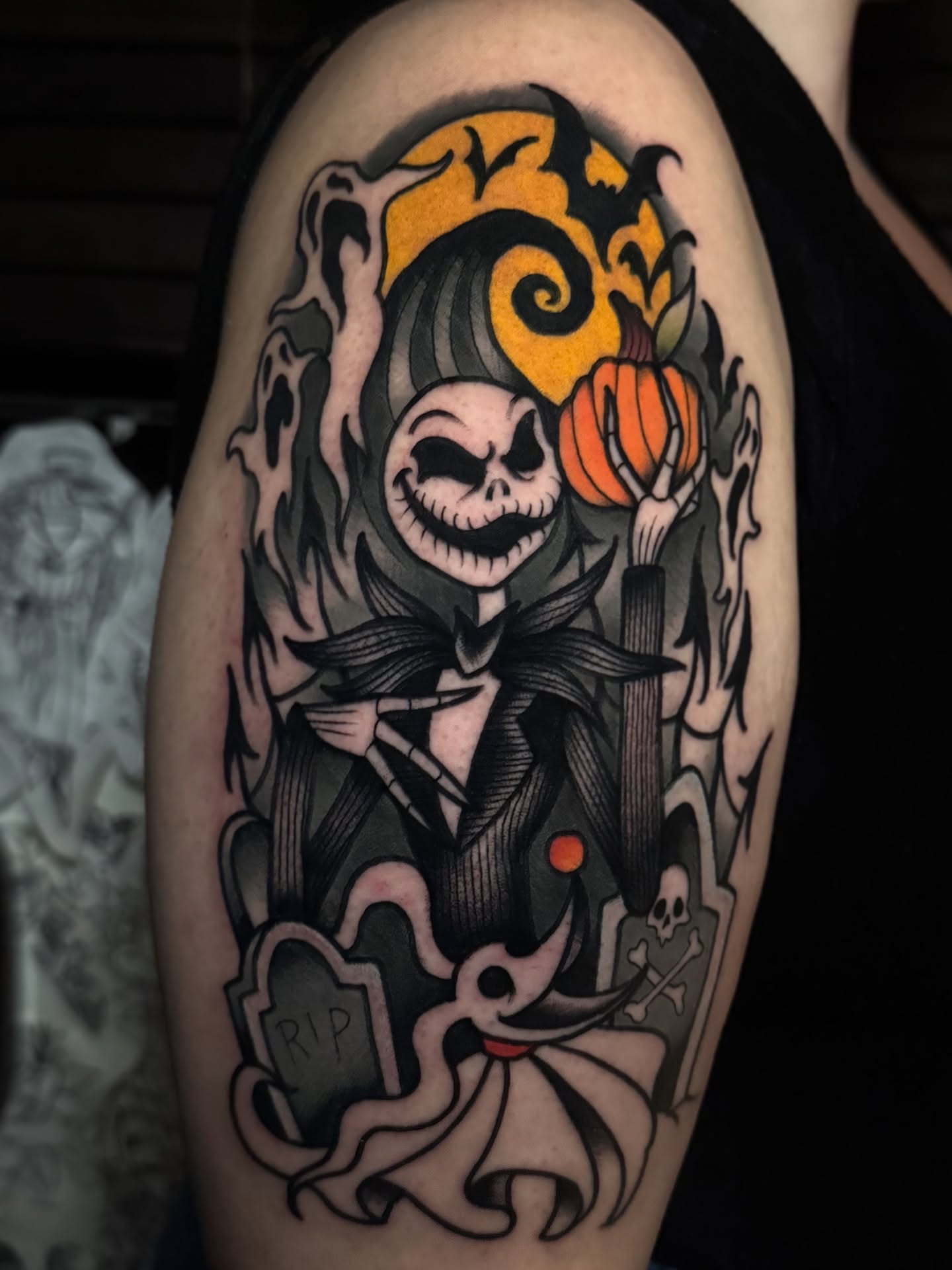 Jack Skellington dark realism tattoo on the shoulder by K y l e   M a c K e n z i e, Salem, Massachusetts