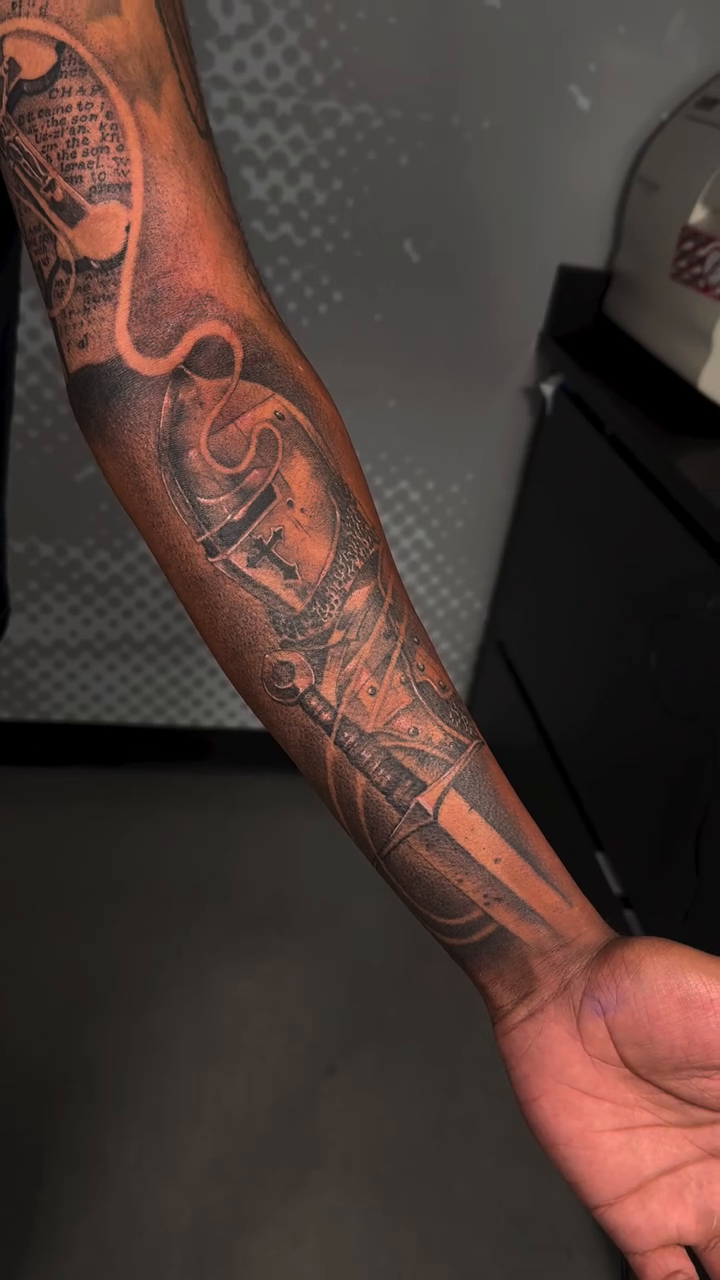 Knight's armor and sword dark realism tattoo by Absolute