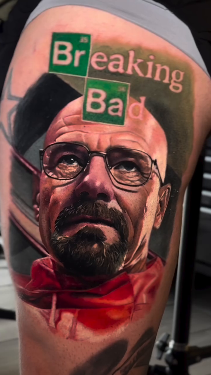 Walter White from Breaking Bad realism tattoo on the forearm by Guillermo Columbie, Houston, Texas