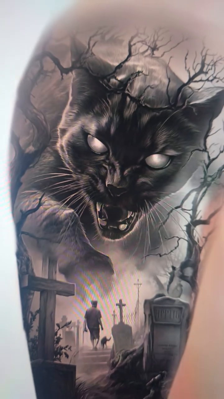 Black cat in a graveyard dark realism tattoo by Xavier NYC TATTOO ARTIST