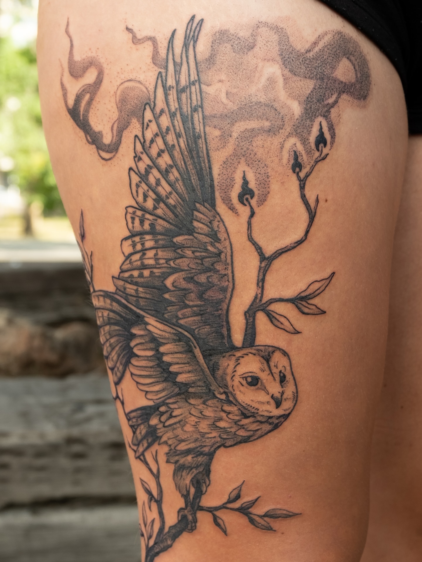 Owl realism tattoo on the thigh by Renee (Koi) Vance