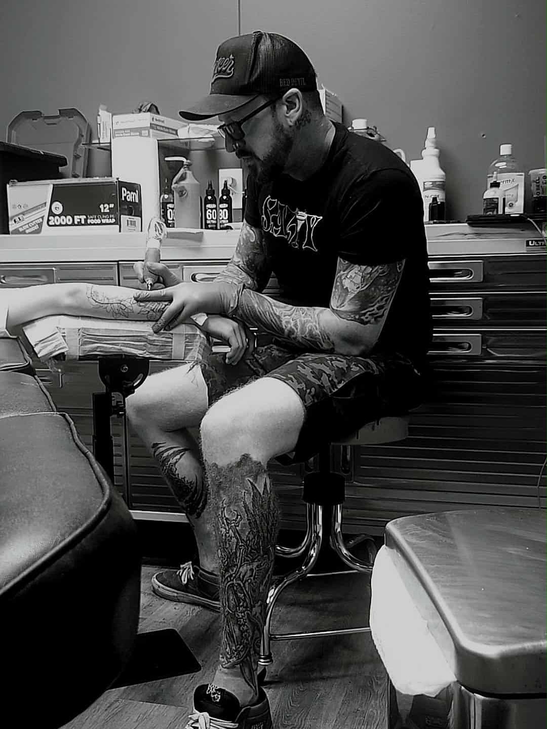 Leg tattoo black and grey tattoo on the leg by steven